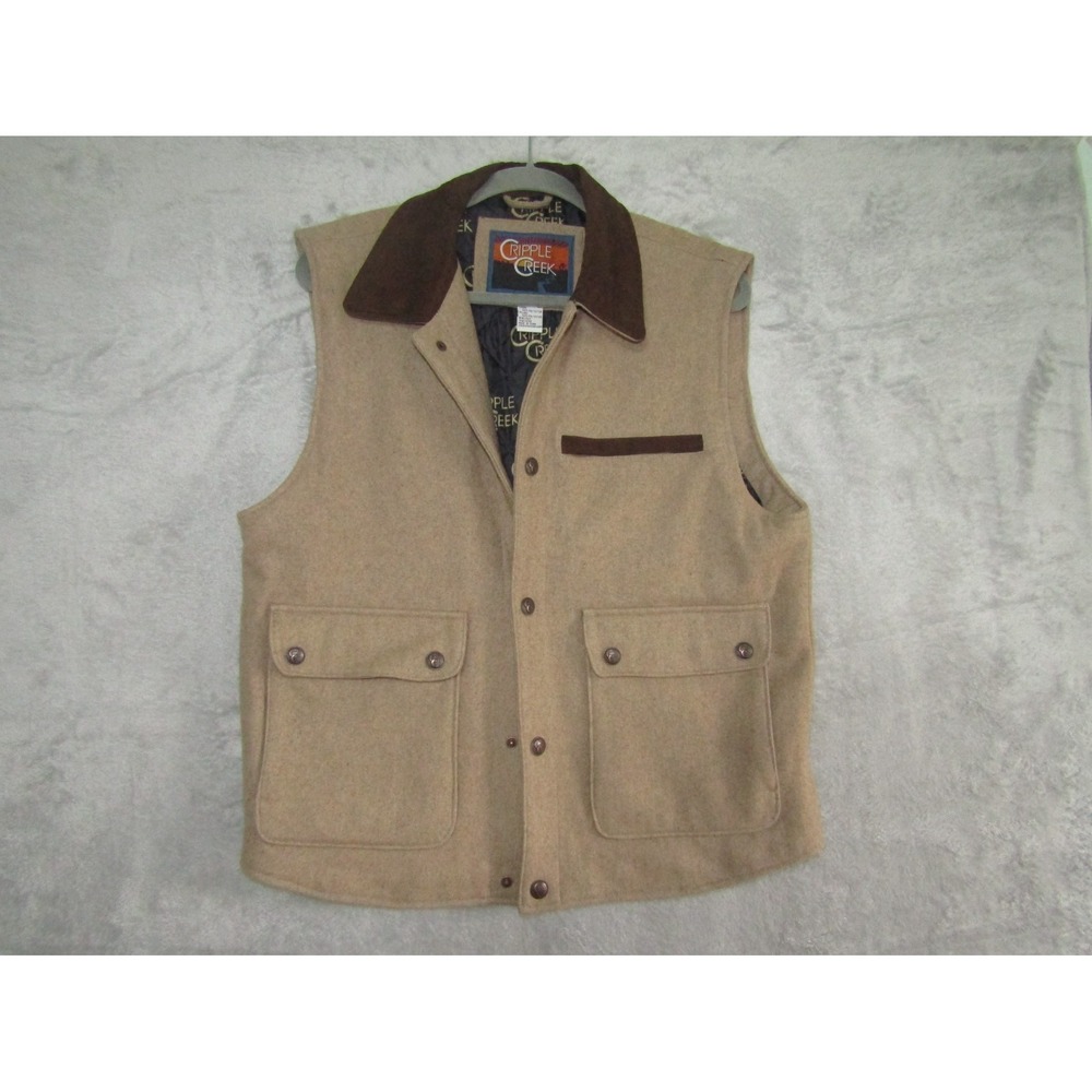 Cripple Creek Men's M Tan Wool Blend Western Vest Suede Trim Quilted Lining Work